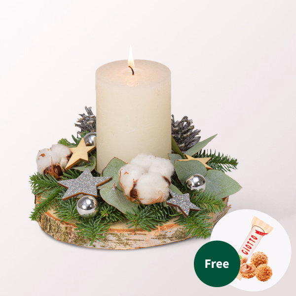 Christmas Arrangement with Cream Coloured Candle with 3 Ferrero Giotto