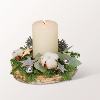 Christmas Arrangement with Cream Coloured Candle with 3 Ferrero Giotto