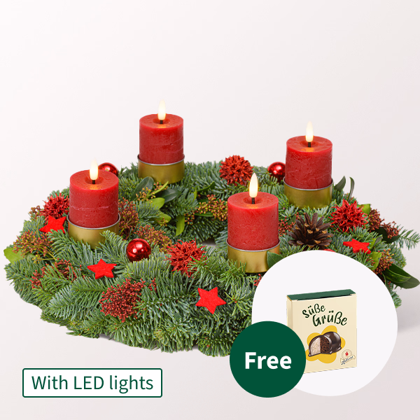 LED Wreath in Red (Ø 35 cm) with Halloren Balls