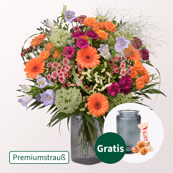 Premiumstrauß Good Feeling mit Premiumvase & Ferrero Giotto
