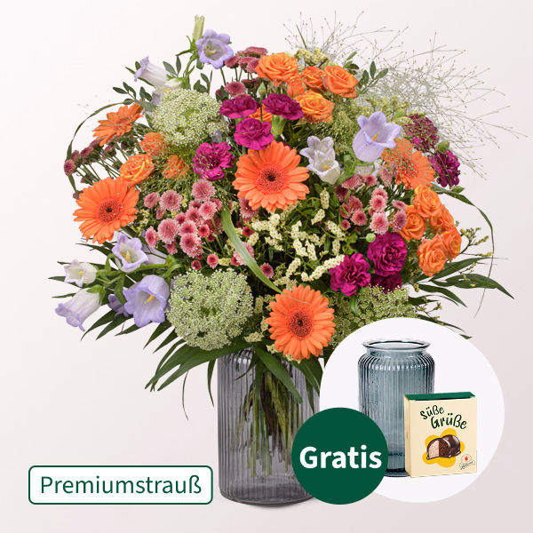 Premiumstrauß Good Feeling mit Premiumvase & Halloren Kugeln