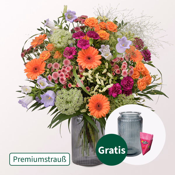 Premiumstrauß Good Feeling mit Premiumvase & Halloren Kugeln