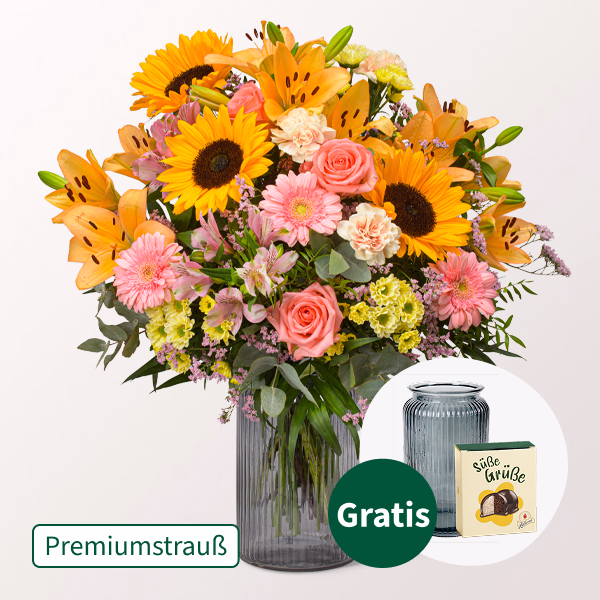 Premiumstrauß Süße Sommerfreude mit Premiumvase & Halloren Kugeln