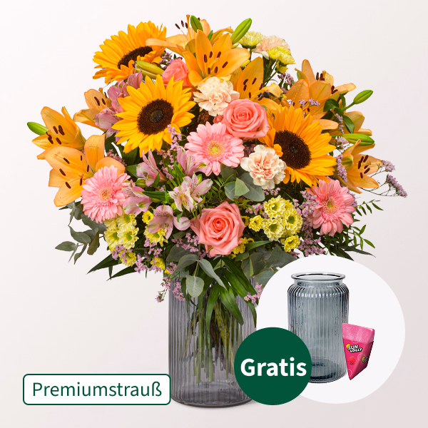Premiumstrauß Süße Sommerfreude mit Premiumvase & Halloren Kugeln