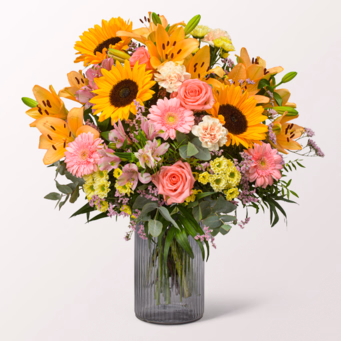 Premiumstrauß Süße Sommerfreude mit Premiumvase & SunLolly Himbeere