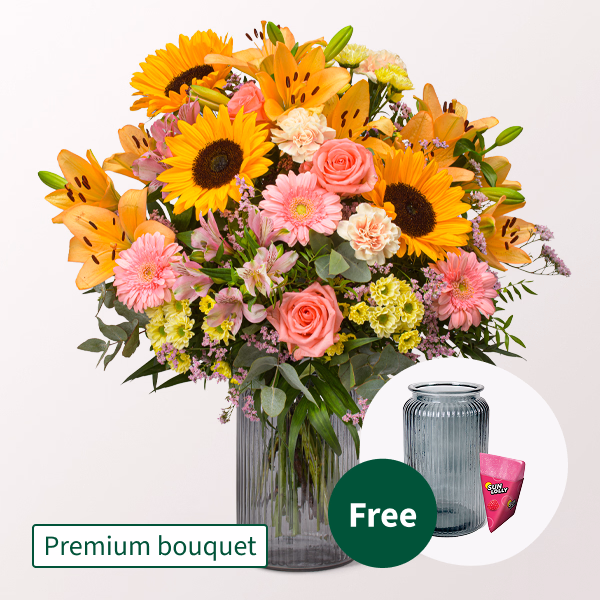 Premium Bouquet Süße Sommerfreude with Premium Vase & Halloren Balls