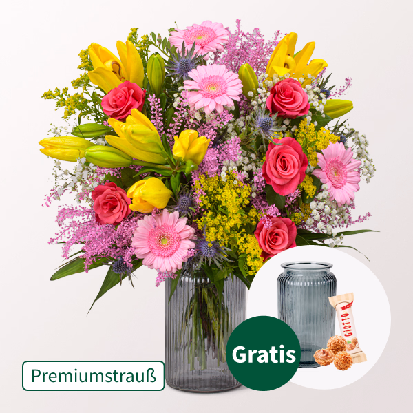 Premiumstrauß Farbenspiel mit Premiumvase & Ferrero Giotto