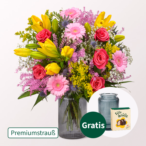 Premiumstrauß Farbenspiel mit Premiumvase & Halloren Kugeln