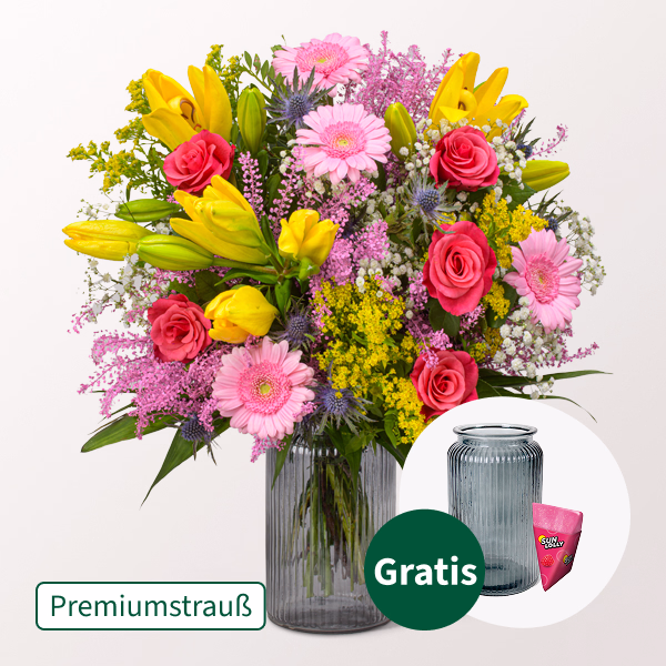 Premiumstrauß Farbenspiel mit Premiumvase & Halloren Kugeln