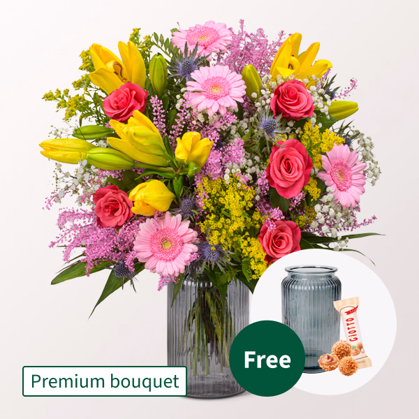 Premium Bouquet Farbenspiel with Premium Vase & Ferrero Giotto