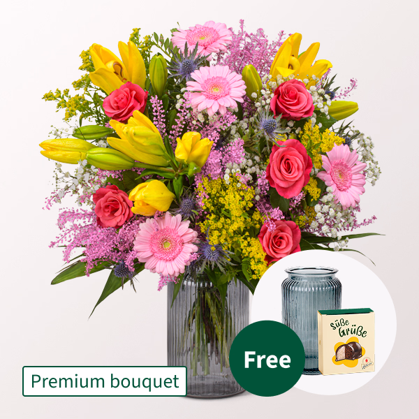 Premium Bouquet Farbenspiel with Premium Vase & Halloren Balls