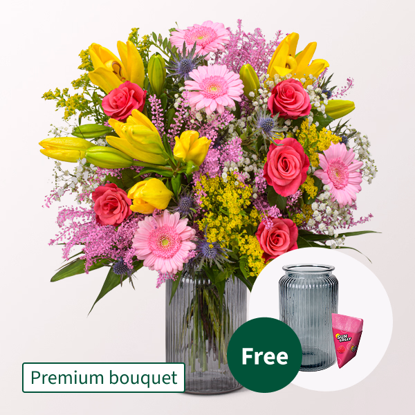 Premium Bouquet Farbenspiel with Premium Vase & Halloren Balls