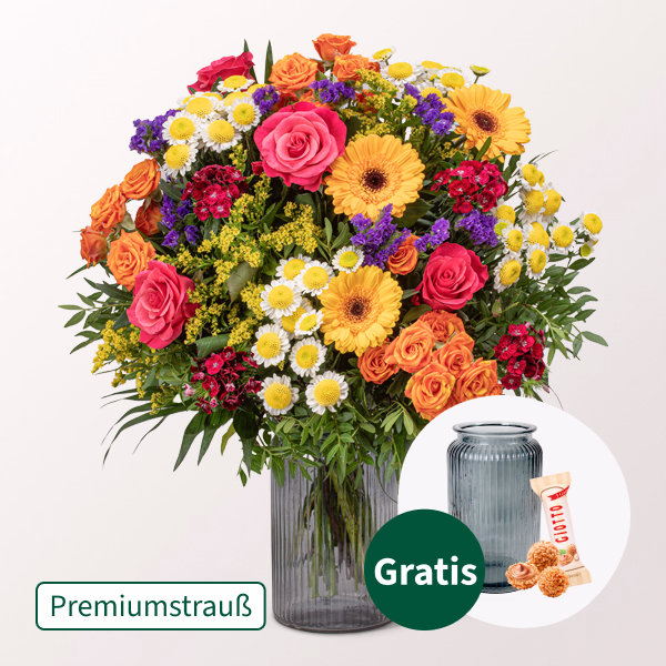 Premiumstrauß Meisterwerk mit Premiumvase & Ferrero Giotto