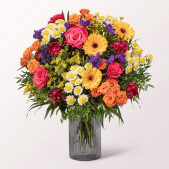 Premiumstrauß Meisterwerk mit Premiumvase & Halloren Kugeln