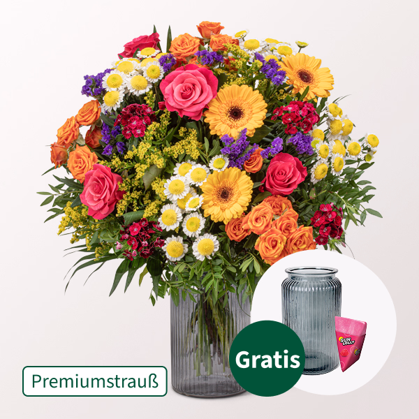 Premiumstrauß Meisterwerk mit Premiumvase & Halloren Kugeln