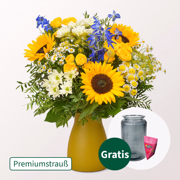 Premiumstrauß Sonnenglühen mit Premiumvase & Halloren Kugeln