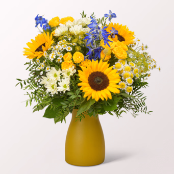 Premiumstrauß Sonnenglühen mit Premiumvase & SunLolly Himbeere
