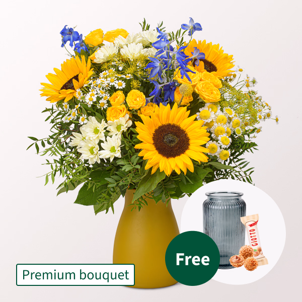 Premium Bouquet Sonnenglühen with Premium Vase & Ferrero Giotto