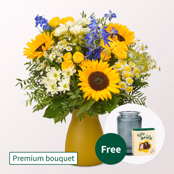 Premium Bouquet Sonnenglühen with Premium Vase & Halloren Balls