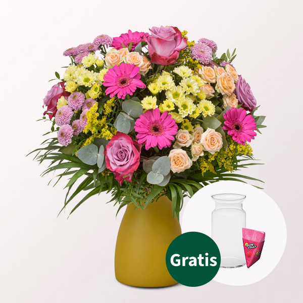 Blumenstrauß Herzflüstern mit SunLolly Himbeere & Vase