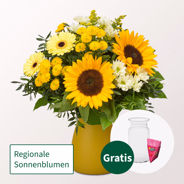 Blumenstrauß Sommertanz mit SunLolly Himbeere & Vase