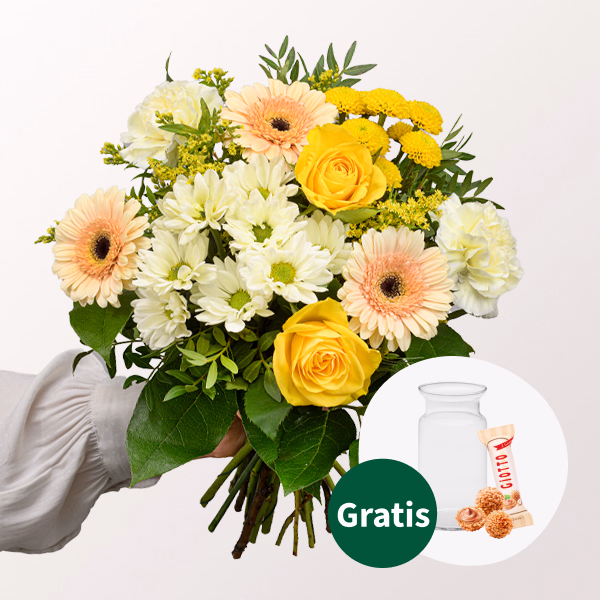 Blumenstrauß Sonnentag mit Vase & Ferrero Giotto