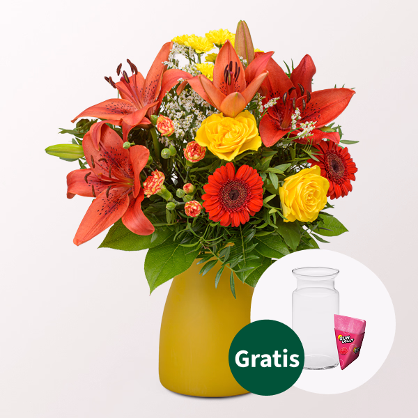 Blumenstrauß Symphonie mit SunLolly Himbeere & Vase