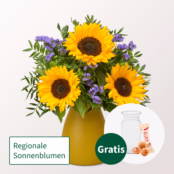 Blumenstrauß Sonnenkind mit Vase & Ferrero Giotto