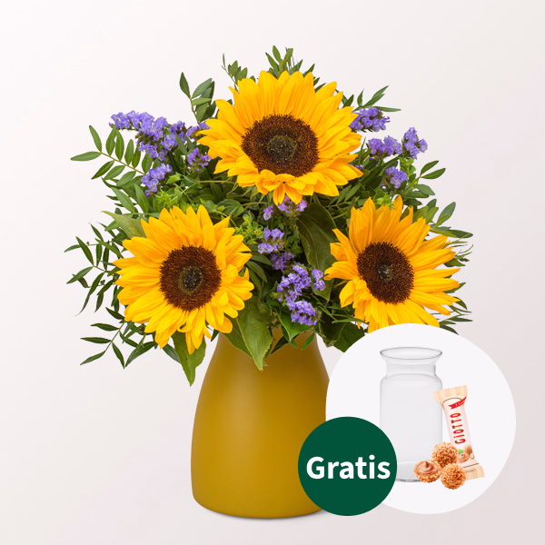 Blumenstrauß Sonnenkind mit Vase & Ferrero Giotto