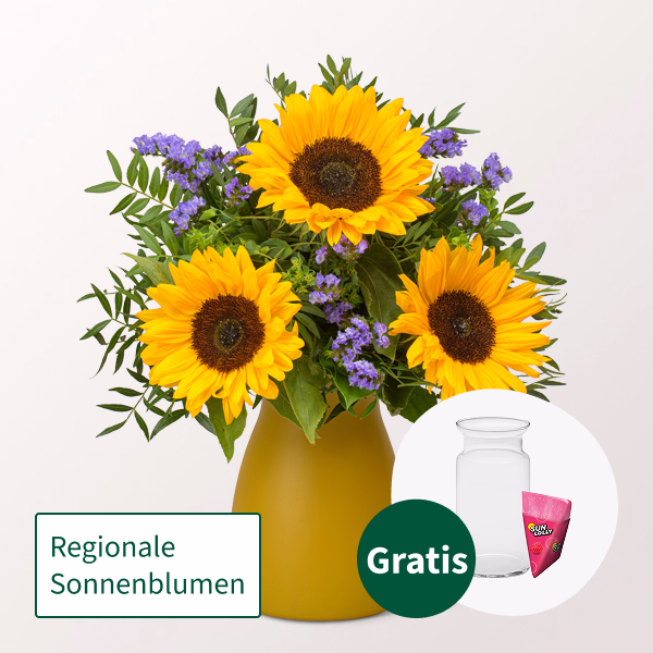 Blumenstrauß Sonnenkind mit SunLolly Himbeere & Vase