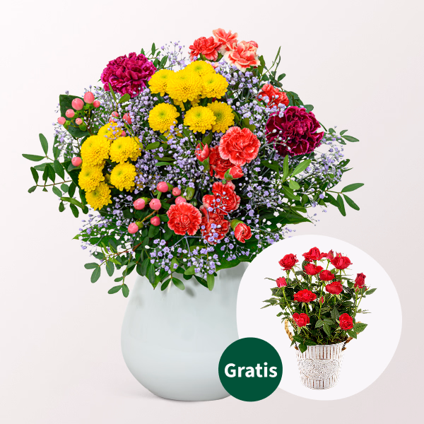 Blumenstrauß Blütenfreude mit Rote Topfrose & Vase & Ferrero Giotto