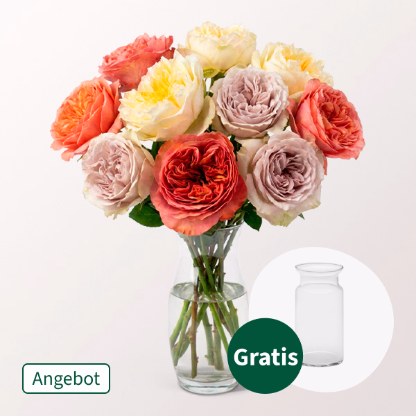 10 gefüllte, pastellfarbene Rosen im Bund mit Vase