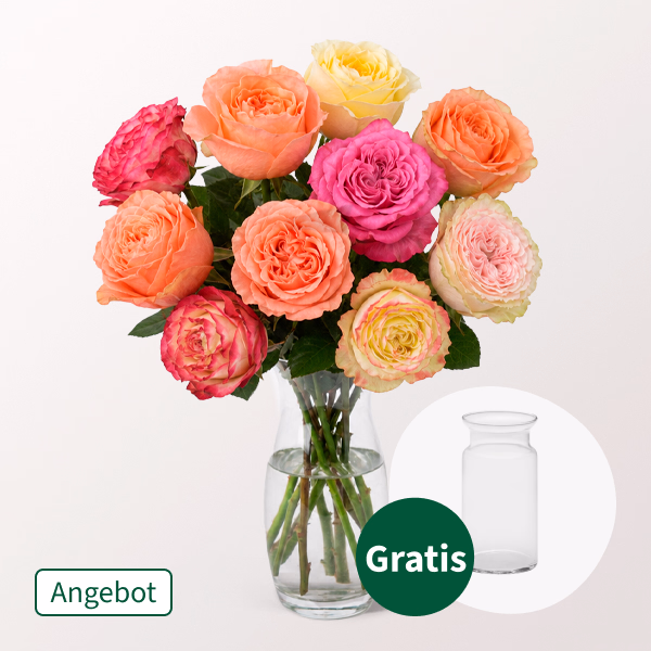 10 gefüllte, pastellfarbene Rosen im Bund mit Vase