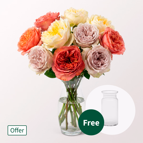 10 Filled, Pastel Coloured Roses in a Bouquet with vase