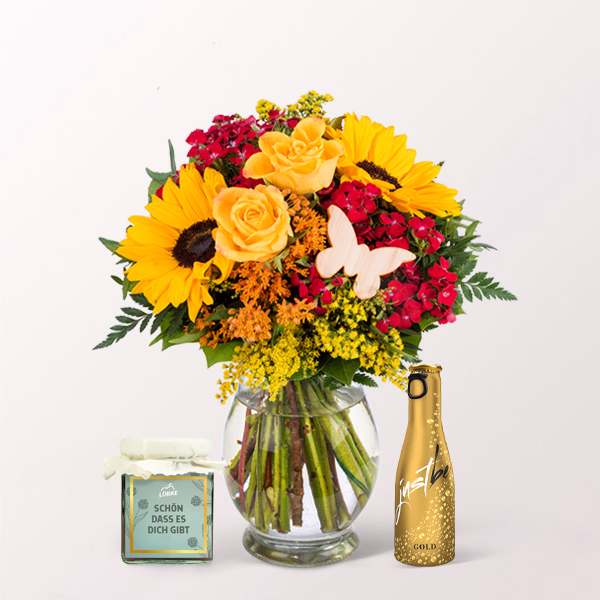 Blumenstrauß Sommergefühl mit „Just Be“ Gold Vino & Erdbeer-Fruchtaufstrich & Vase