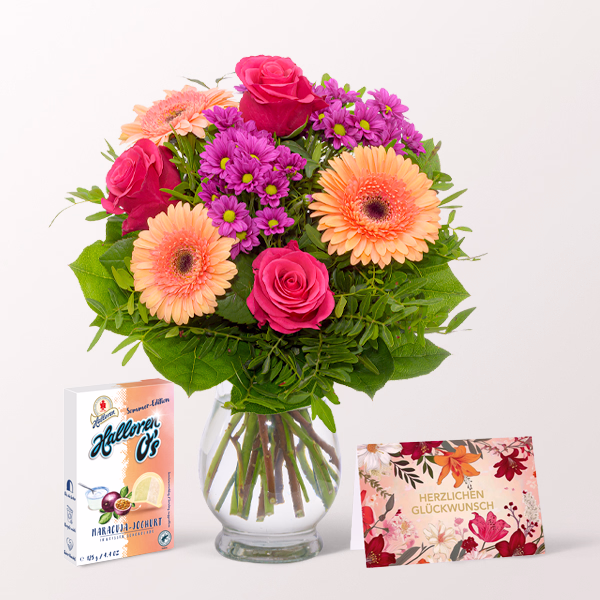Blumenstrauß Sommerliebe mit Halloren O’s & Vase