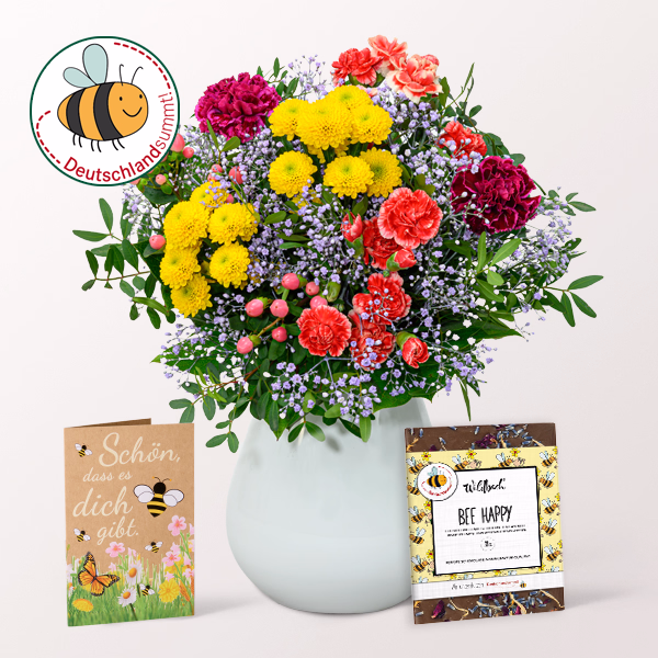 Flower Bouquet Blütenfreude with Table Chocolate & Halloren Balls & vase