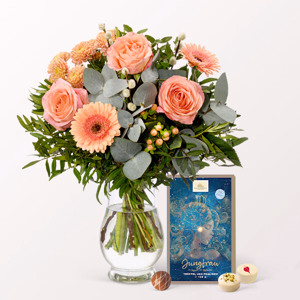 Sternzeichen-Blumenstrauß Jungfrau mit Pralinen & Vase