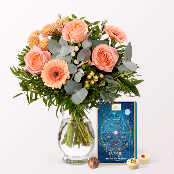Sternzeichen-Blumenstrauß Waage mit Pralinen & Vase