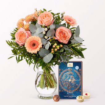 Flower Bouquet Morgentau with Zodiac Sign Pralines & vase