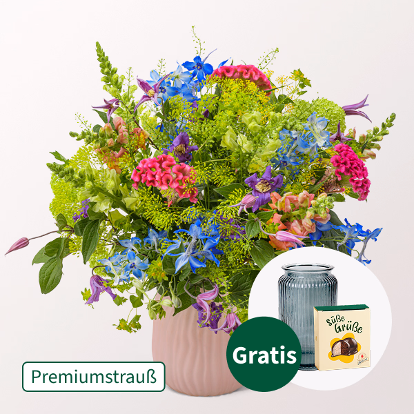 Premiumstrauß Wiesenzauber mit Premiumvase & Halloren Kugeln