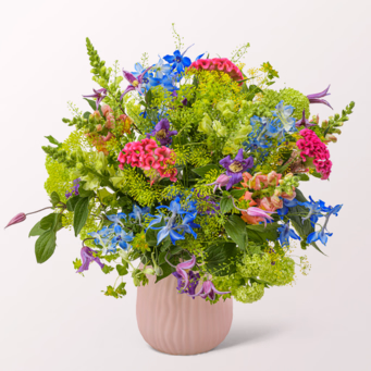 Premiumstrauß Wiesenzauber mit Premiumvase & SunLolly Himbeere