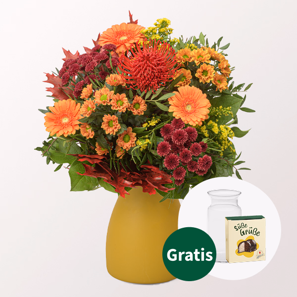 Blumenstrauß Goldener Herbst mit Halloren Kugeln & Vase