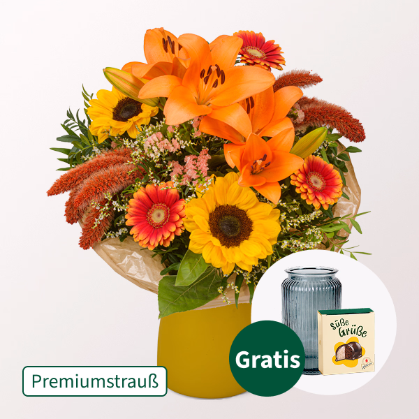 Premiumstrauß Herbstlicht mit Premiumvase & Halloren Kugeln