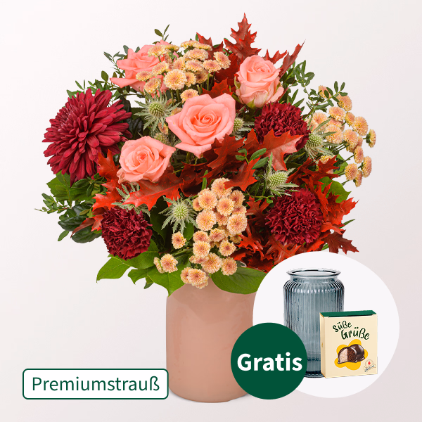 Premiumstrauß Sunrise mit Premiumvase & Halloren Kugeln