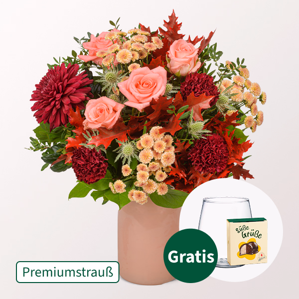Premiumstrauß Sunrise mit Premiumvase & Halloren Kugeln