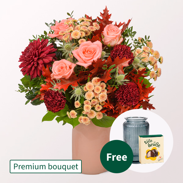 Premium Bouquet Sunrise with Premium Vase & Halloren Balls