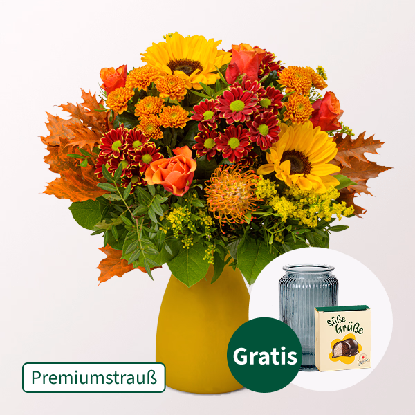 Premiumstrauß Herbstspiel mit Premiumvase & Halloren Kugeln