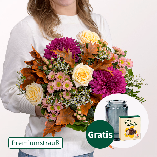 Premiumstrauß Gartenglück mit Premiumvase & Halloren Kugeln