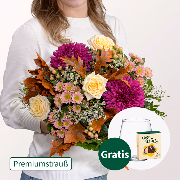 Premiumstrauß Gartenglück mit Premiumvase & Halloren Kugeln